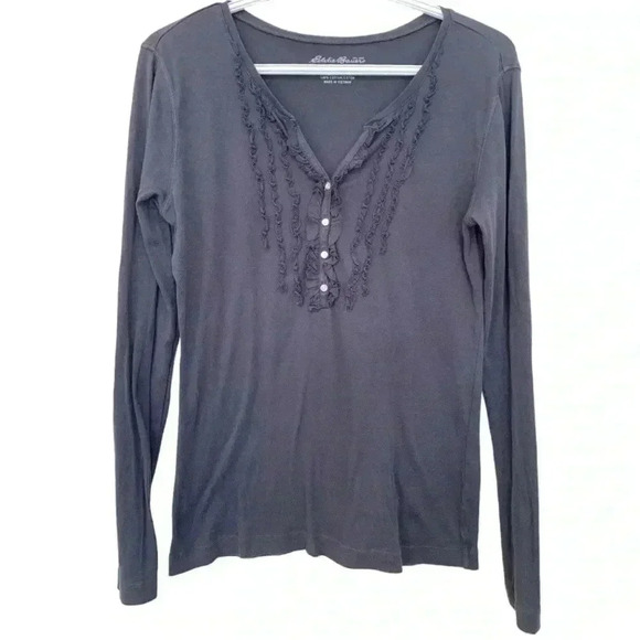 Eddie Bauer, medium weight, 100% cotton, long sleeve ruffled neckline  T-shirt - Picture 1 of 4